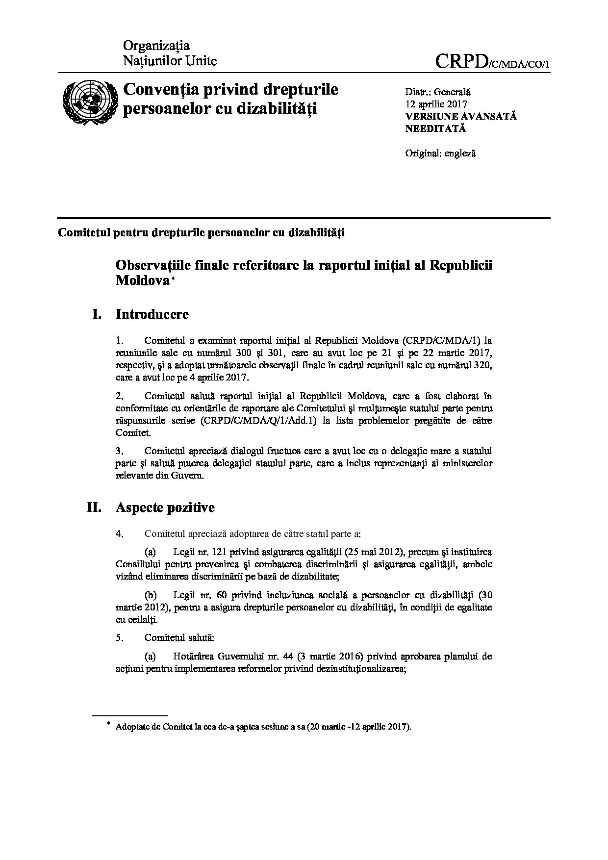 Observațiile finale referitoare la raportul inițial al Republicii Moldova